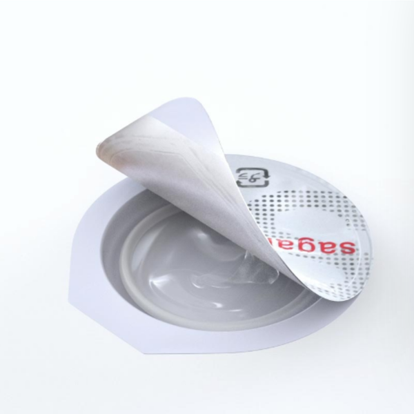 An image of partially opened Sagami Original 001 condom wrapper in a white background.