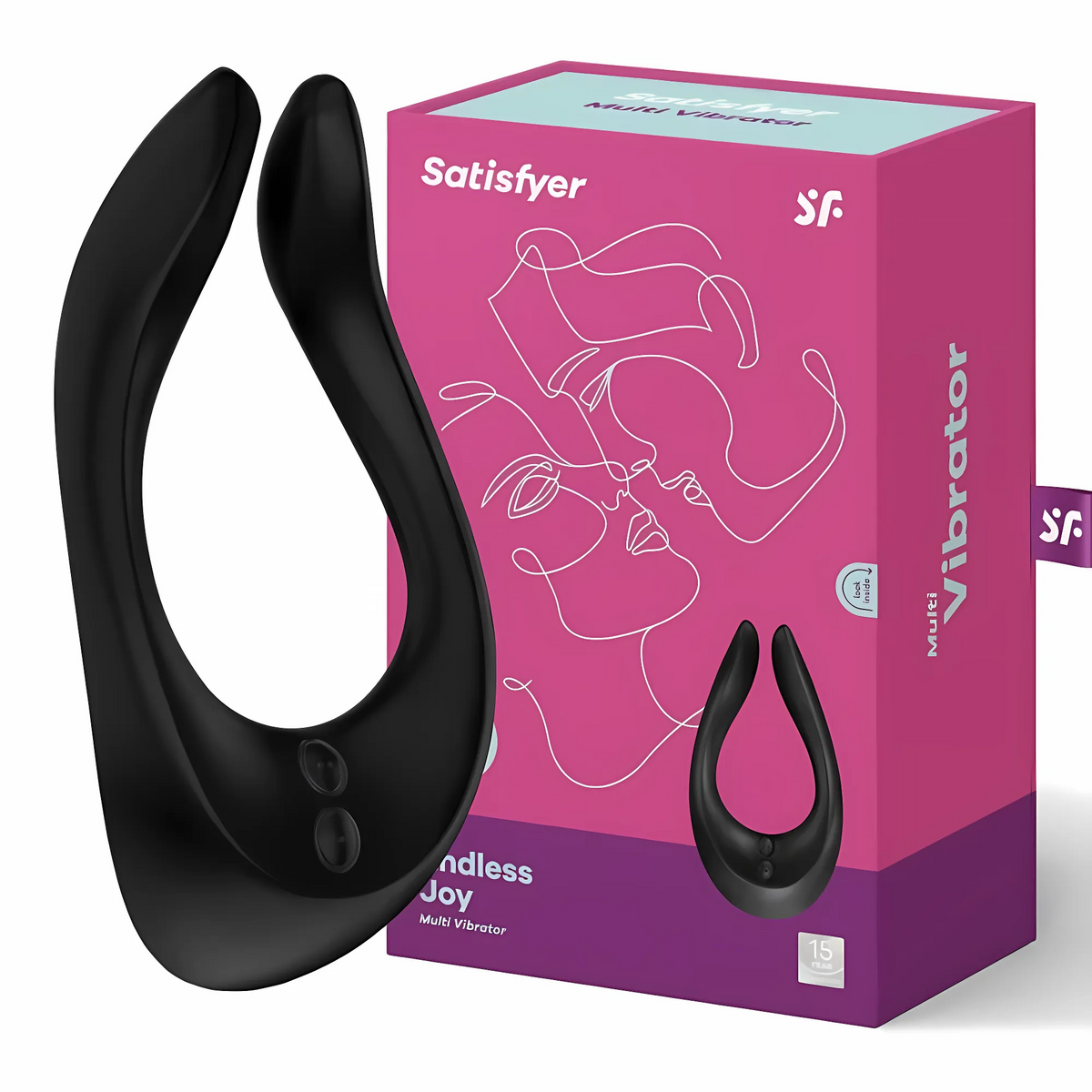 Satisfyer Endless Joy Black vibrator displayed next to original pink packaging box Hauptbild