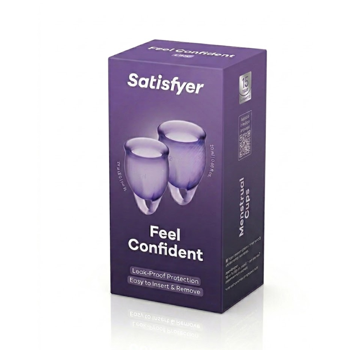 Product packaging photo showing the purple box for Satisfyer Feel Confident Menstrual Cups in Lilac, highlighting its 15-year guarantee and leak-proof claim. Hauptbild