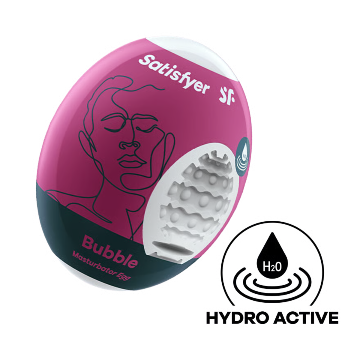 Studio product shot of the magenta and dark teal Satisfyer Bubble Masturbator Egg packaging, displaying a cutaway to the bubble-textured white inner sleeve and a circular "Hydro Active" icon below. Hauptbild