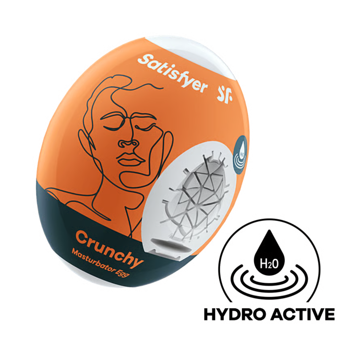 Studio product shot of the orange and dark slate Satisfyer Crunchy Masturbator Egg packaging, displaying a cutaway to the geometrically textured white inner sleeve and a circular "Hydro Active" icon below. Hauptbild