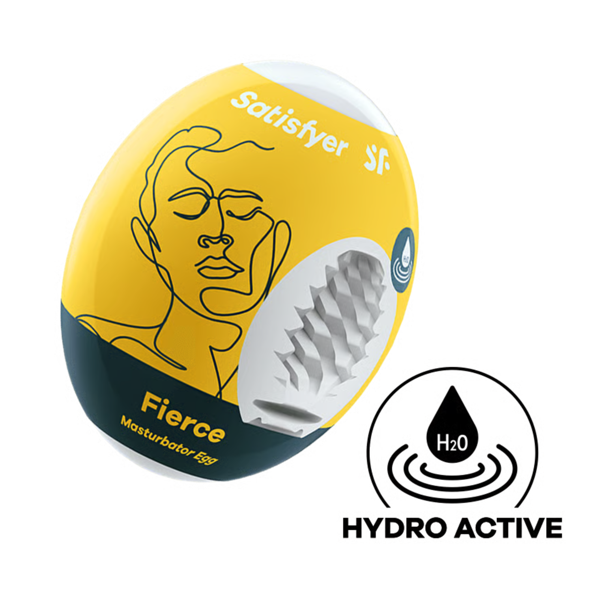 Studio product shot of the yellow and dark slate Satisfyer Fierce Masturbator Egg packaging, displaying a cutaway to the spiral-textured white inner sleeve and a circular "Hydro Active" icon below. Hauptbild