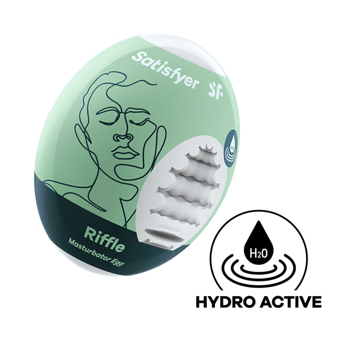 Studio product shot of the mint-green and dark teal Satisfyer Riffle Masturbator Egg in its packaging, with a cutaway showing the white inner sleeve texture and a circular "Hydro Active" icon below. Hauptbild