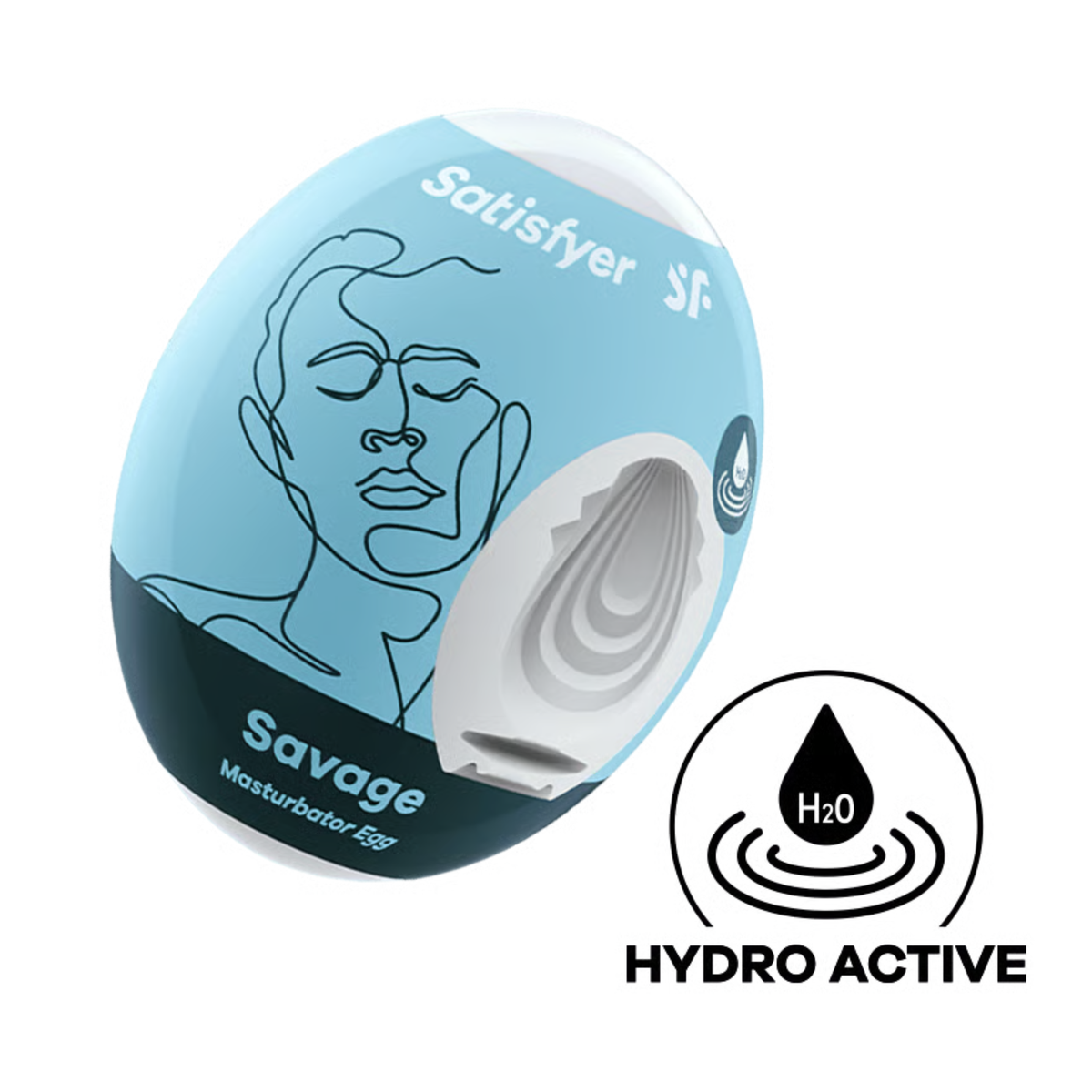 Studio product shot of the light blue and dark slate Satisfyer Savage Masturbator Egg packaging, displaying a cutaway to the concentric-ribbed white inner sleeve and a circular "Hydro Active" icon below. Hauptbild