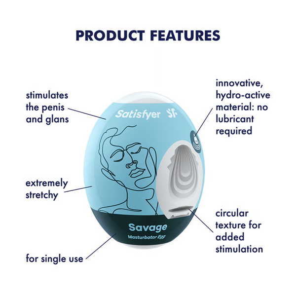 Product feature infographic detailing the light blue Satisfyer Savage Masturbator Egg, highlighting its single-use design, stretchy hydro-active material, circular ribbed inner texture, and penis stimulation capabilities.
