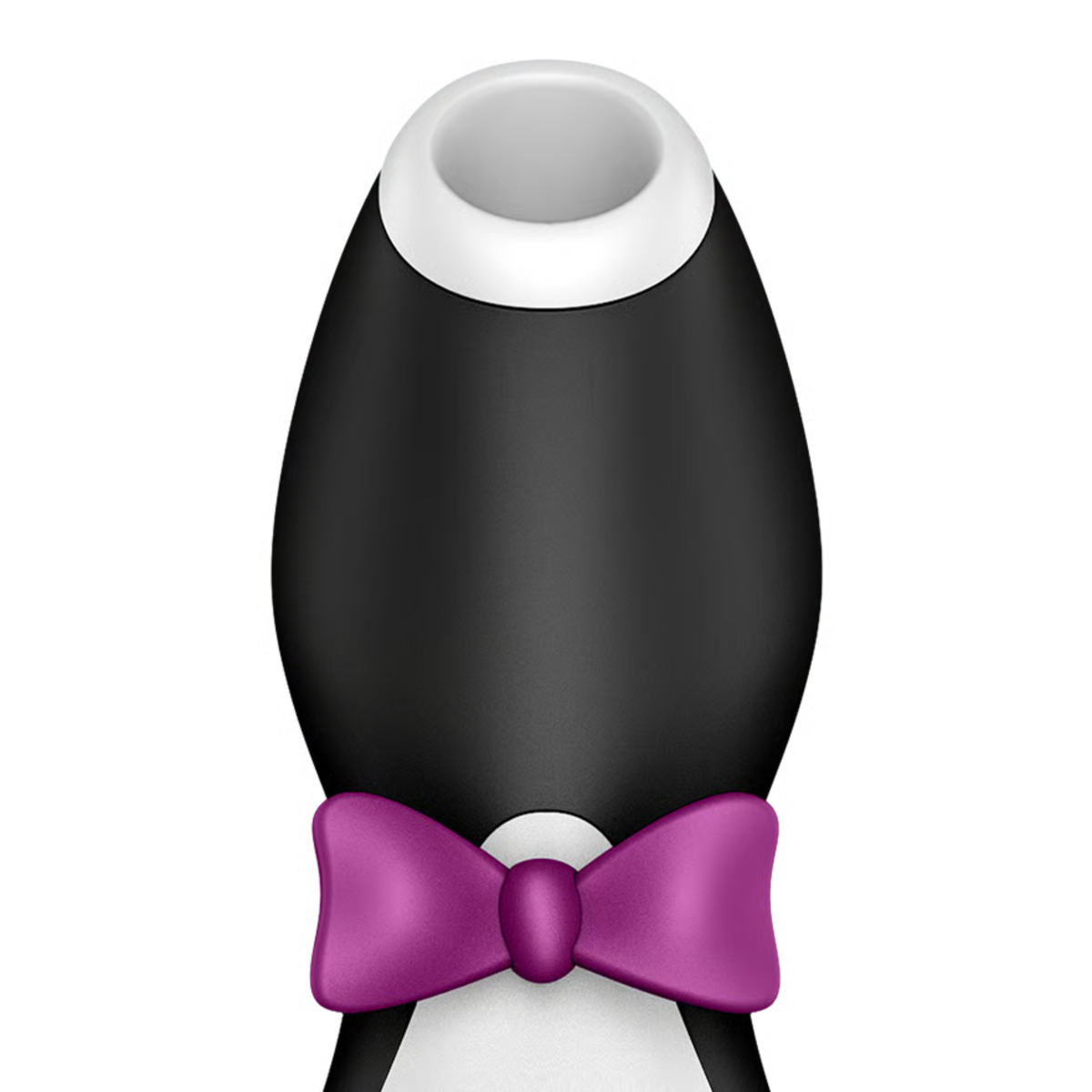 Front close-up view focusing on the upper portion of the Satisfyer Penguin massager, showing its white silicone stimulation nozzle and purple bow tie details.