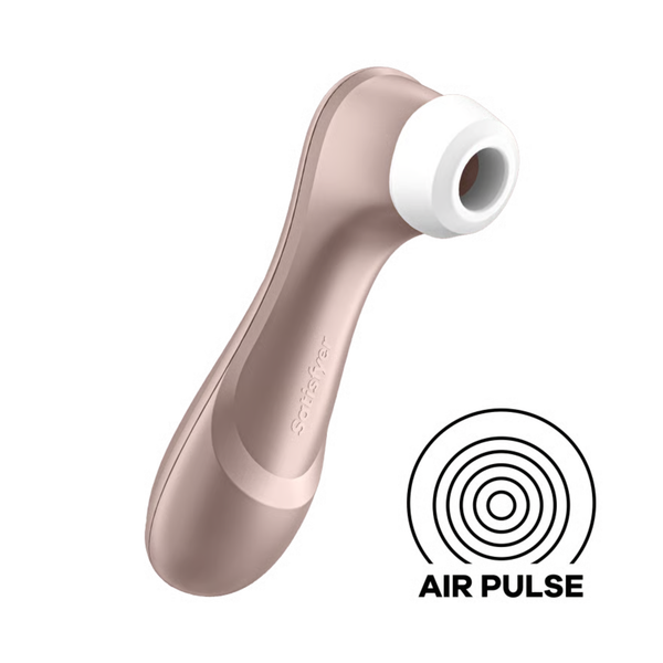 Studio product shot of the rose gold Satisfyer Pro 2 Generation 2 air-pulse massager with a black "Air Pulse" concentric circle graphic alongside it.