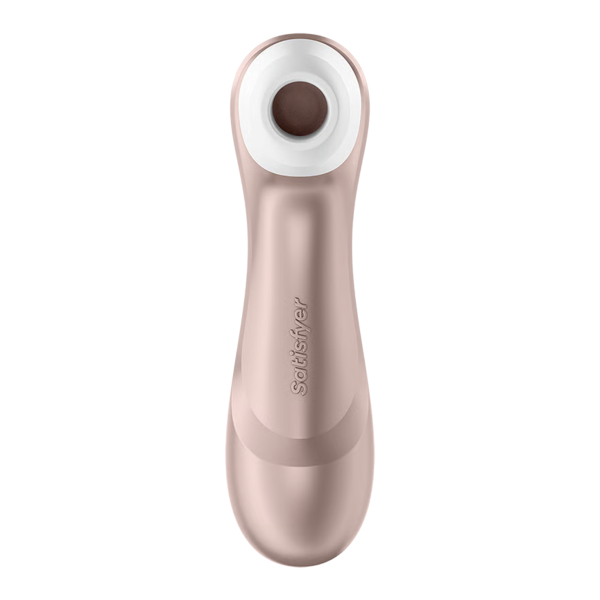 Direct view looking into the white silicone stimulation cap of the rose gold Satisfyer Pro 2 Generation 2 massager, displaying the embossed brand name on its ergonomic body.