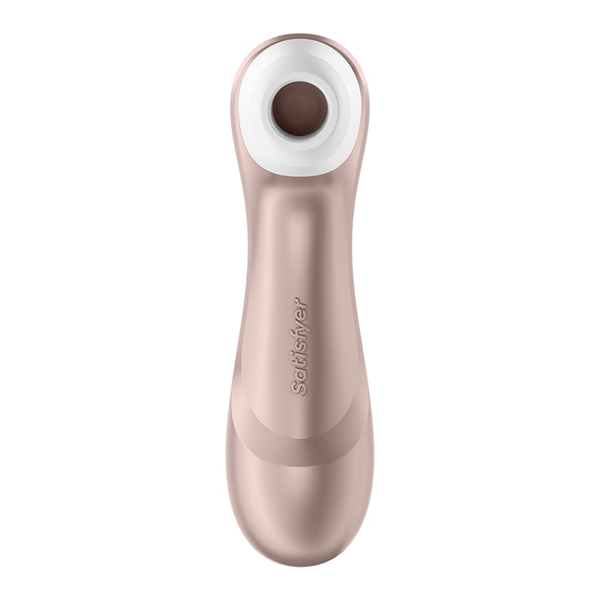 Direct view looking into the white silicone stimulation cap of the rose gold Satisfyer Pro 2 Generation 2 massager, displaying the embossed brand name on its ergonomic body.
