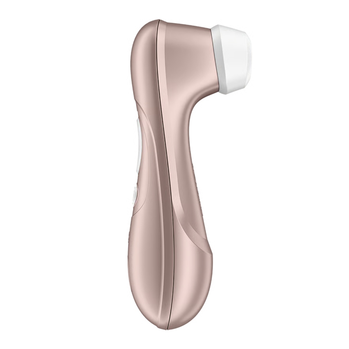 Side profile view of the rose gold Satisfyer Pro 2 Generation 2 showing its curved, ergonomic silhouette and white silicone stimulation head.