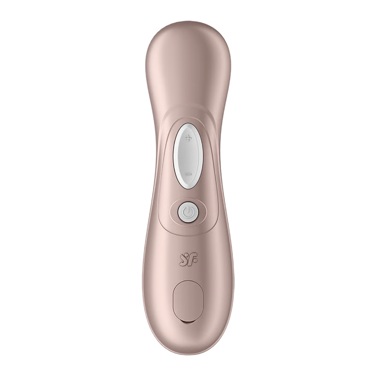 Front view of the rose gold Satisfyer Pro 2 Next Generation highlighting the control panel with plus, minus, and power buttons above the embossed brand logo.