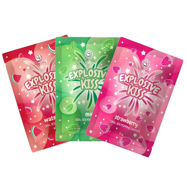 Secret Play Explosive Kiss strawberry, mint, and watermelon flavored oral sex popping candies on a white background.