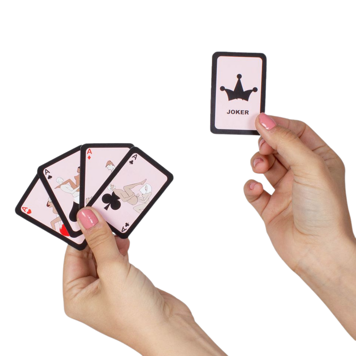 Hands holding secret play mini Kamasutra playing cards with a joker card on a white background Hauptbild