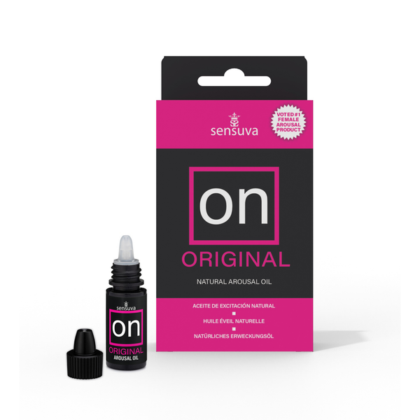 Studio product shot of the Sensuva ON Original box standing next to its small black dropper bottle. The black cap is removed and placed to the left, exposing the clear plastic dropper nozzle.