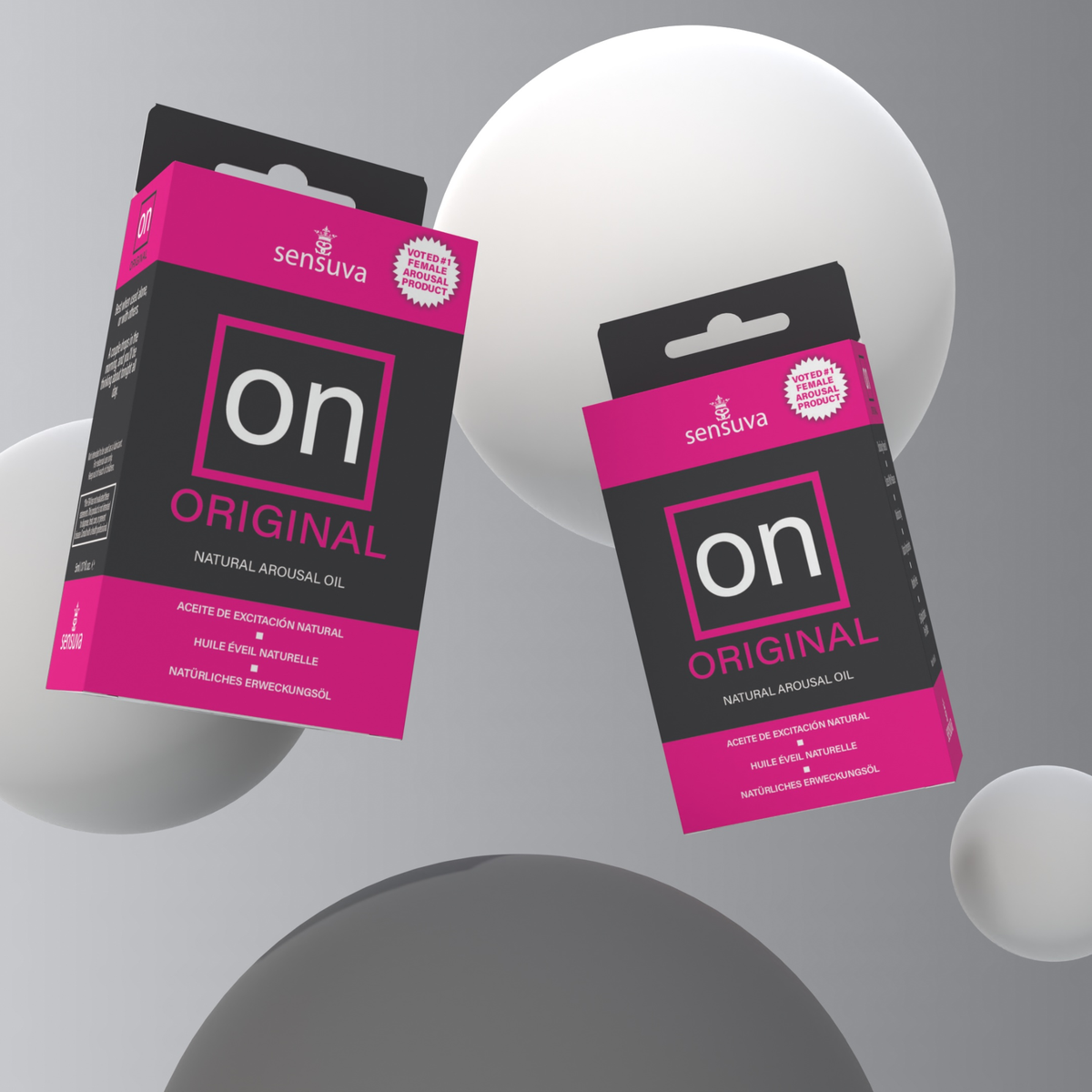 A dynamic layout showing two Sensuva ON Original boxes floating at an angle amidst large white and grey spheres. The background features a clean, seamless grey studio gradient.