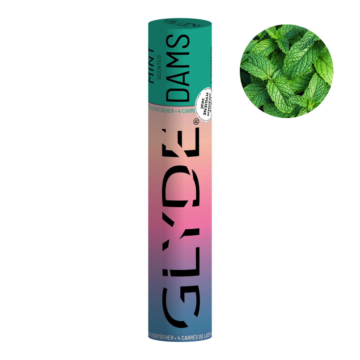 GLYDÉ Mint Scented Dental Dams in a colorful cylindrical package, with an inset circular image of fresh mint leaves, indicating flavor. Hauptbild