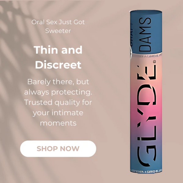 Glyde grape falvour dams container with promotional text on a gradient background