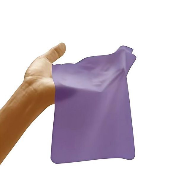 Hand holding a purple grape flavour dam against a white background