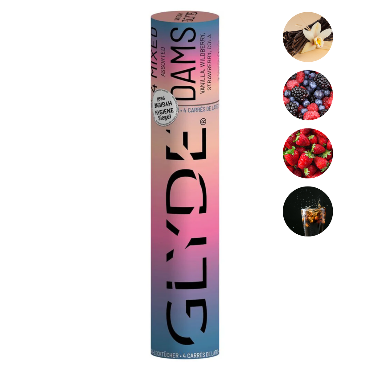 Gradient tube packaging with 'GLYDE' branding and images of mixed berries, cola and vanilla on a white background