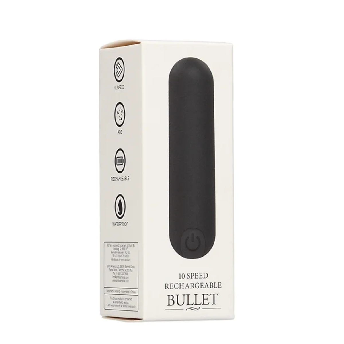 Packaging for a Black Shots 10 Speed Rechargeable Bullet vibrator, highlighting features like ABS material, rechargeable battery, and waterproof design. Hauptbild