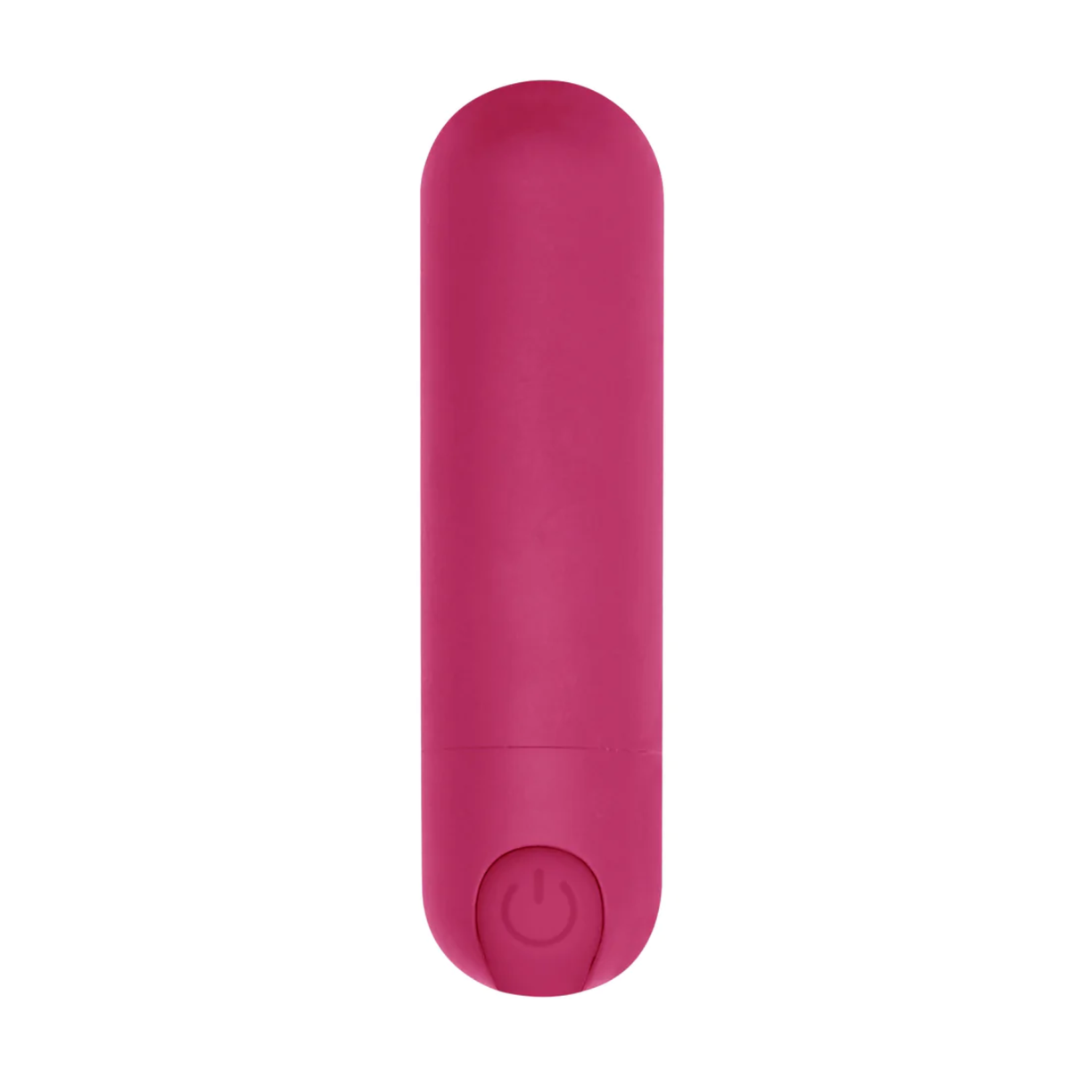 Top-down view of the pink rechargeable bullet vibrator showing the power button/charging point.