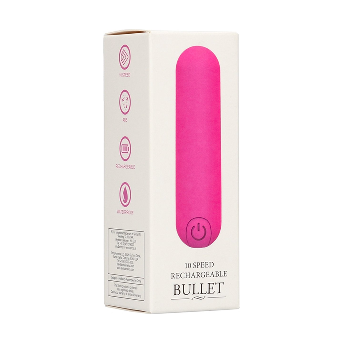 Packaging for a pink 10 Speed Rechargeable Bullet vibrator, showing features like ABS material, rechargeable battery, and waterproof design.