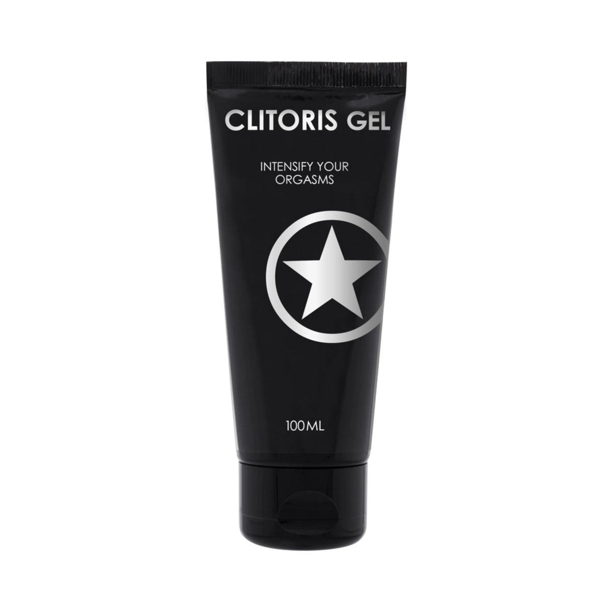 Front product view of a 100 ml (3.38 fl oz) matte black squeeze tube of Shots Clitoris Gel featuring white text stating "Intensify Your Orgasms" and a large silver star emblem at the center. Hauptbild