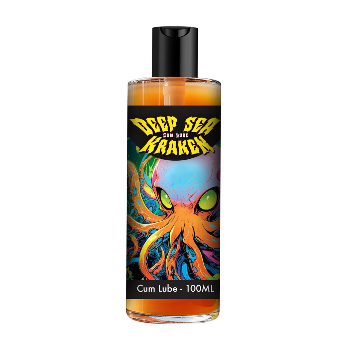 Front studio shot of the clear bottle filled with amber-orange lubricant, featuring a colorful illustration of an octopus-like kraken beneath yellow logo text reading "Deep Sea Kraken Cum Lube". Hauptbild