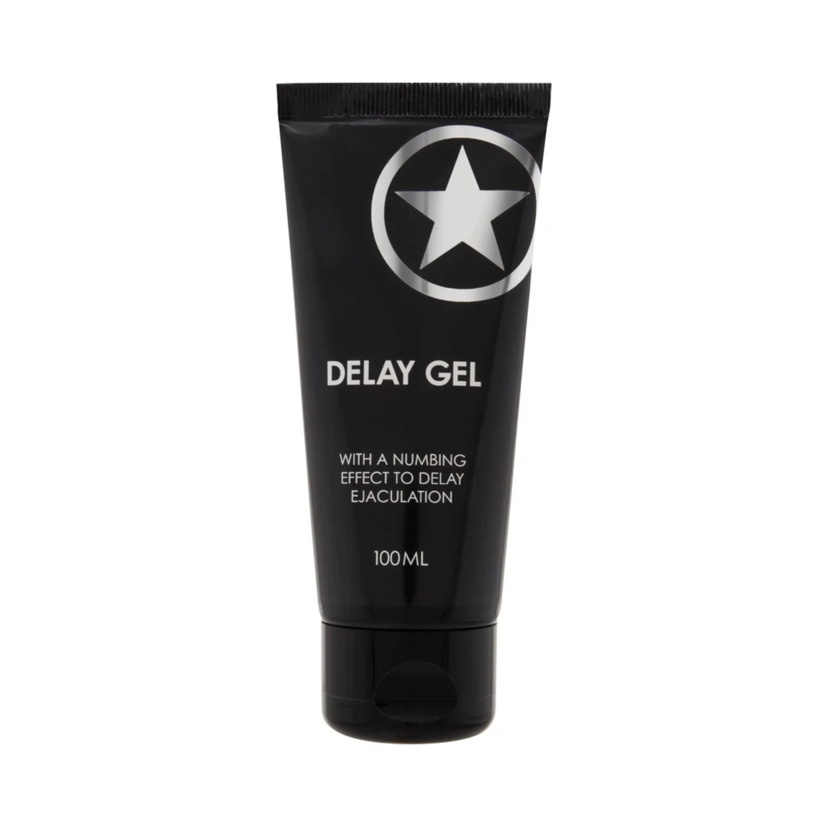 Front studio view of the 100 ml (3.38 fl oz) matte black squeeze tube of Shots Delay Gel featuring a silver star logo and white text stating "With a numbing effect to delay ejaculation" Hauptbild