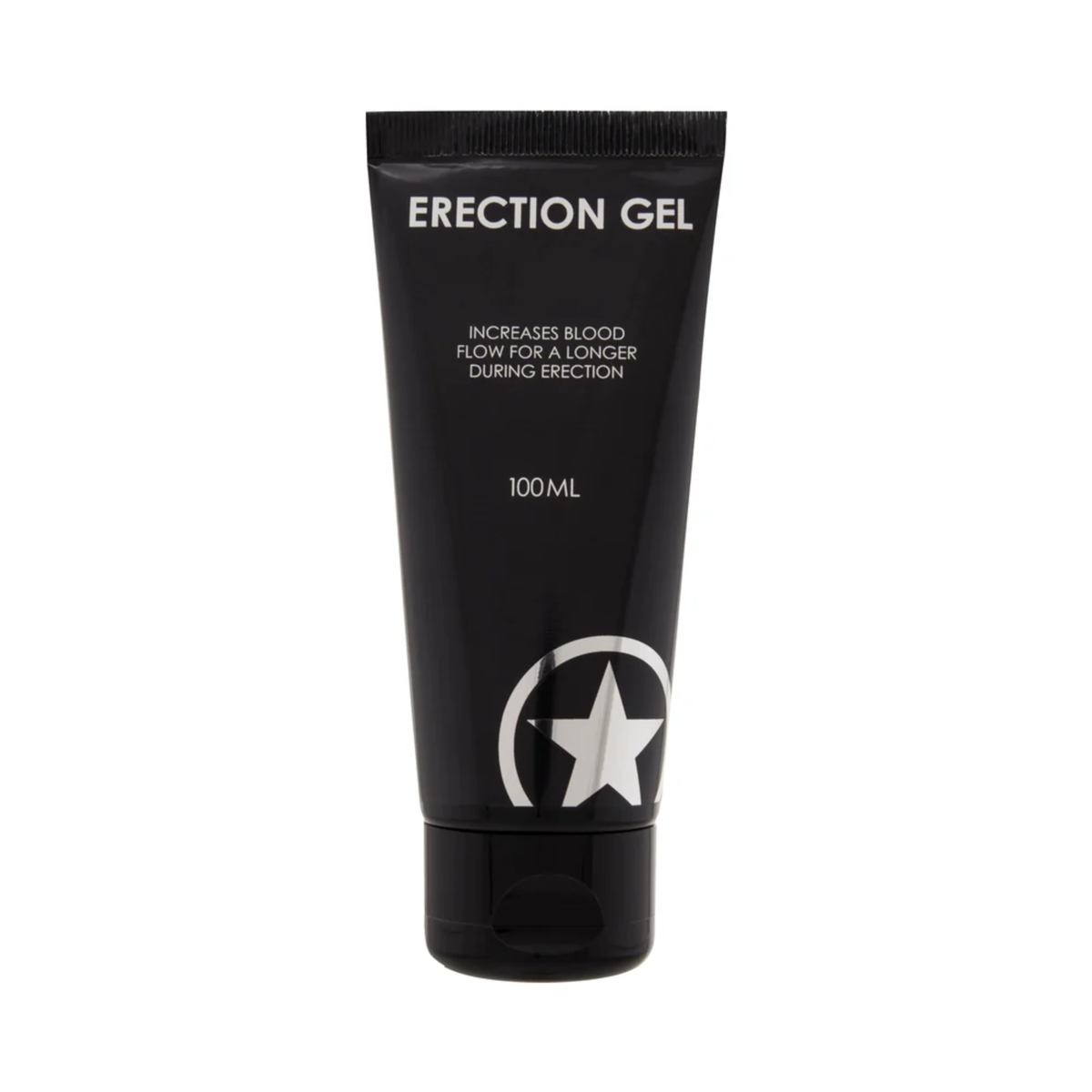 Front studio view of a 100 ml (3.38 fl oz) matte black squeeze tube of Shots Erection Gel featuring white text stating "Increases blood flow for a longer during erection" and a silver star logo near the base
