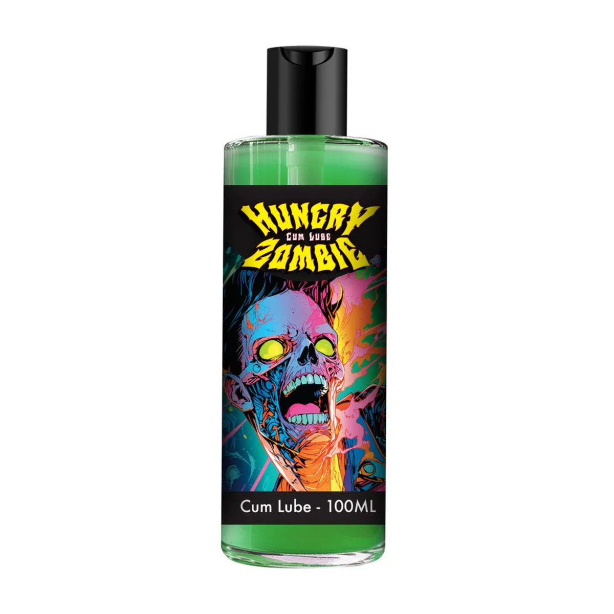 Front studio shot of the clear bottle filled with green lubricant, featuring a vibrant, pop-art style zombie illustration beneath the yellow and black "Hungry Zombie Cum Lube" logo. Hauptbild