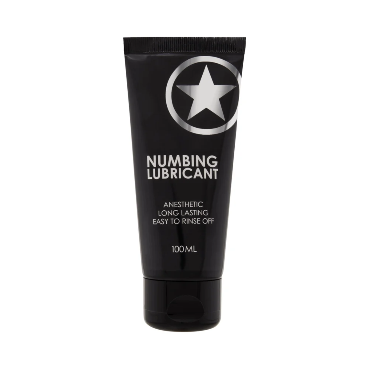 Front product view of a 100 ml (3.38 fl oz) matte black squeeze tube of Shots Numbing Lubricant featuring a prominent silver star emblem at the top and white text detailing "Anesthetic," "Long Lasting," and "Easy to Rinse Off". Hauptbild