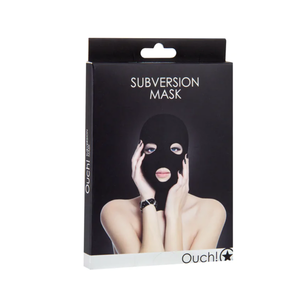 Front of the black "Shots Ouch! Subversion Mask" product packaging, featuring a photo of a person wearing the mask. Hauptbild