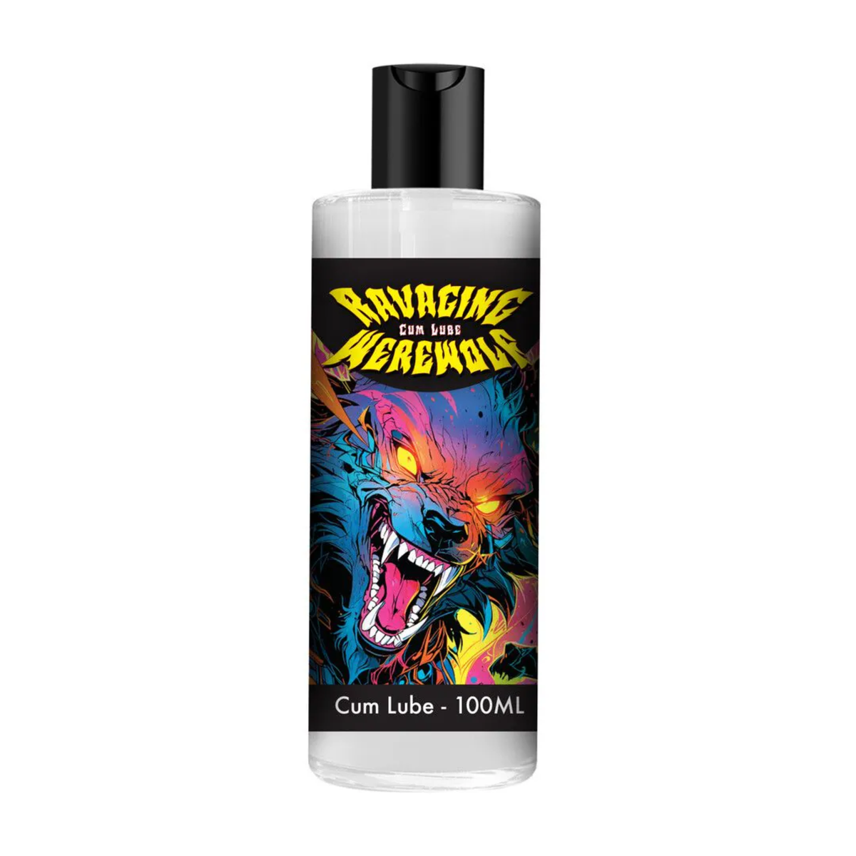 Front studio shot of the clear bottle filled with milky-white lubricant, featuring a vibrant, colorful illustration of a snarling werewolf beneath yellow logo text reading "Ravaging Werewolf Cum Lube". Hauptbild