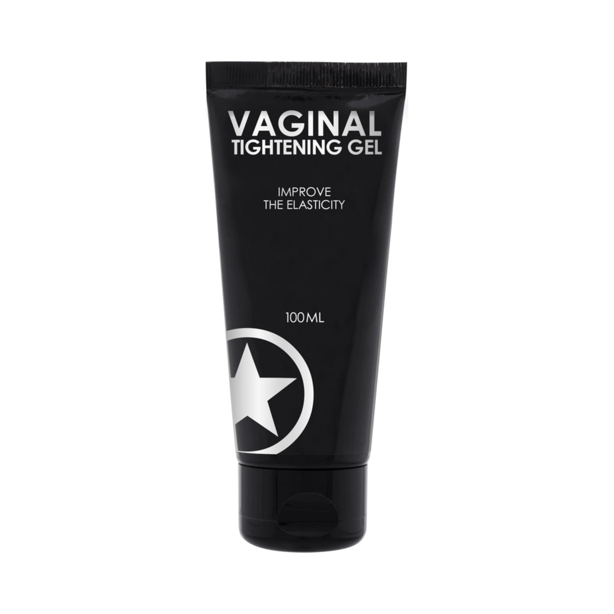 Front product view of a 100 ml (3.38 fl oz) black squeeze tube of Shots Vaginal Tightening Gel featuring white text stating "Improve the Elasticity" and a large white star logo near the bottom flip-cap base. Hauptbild