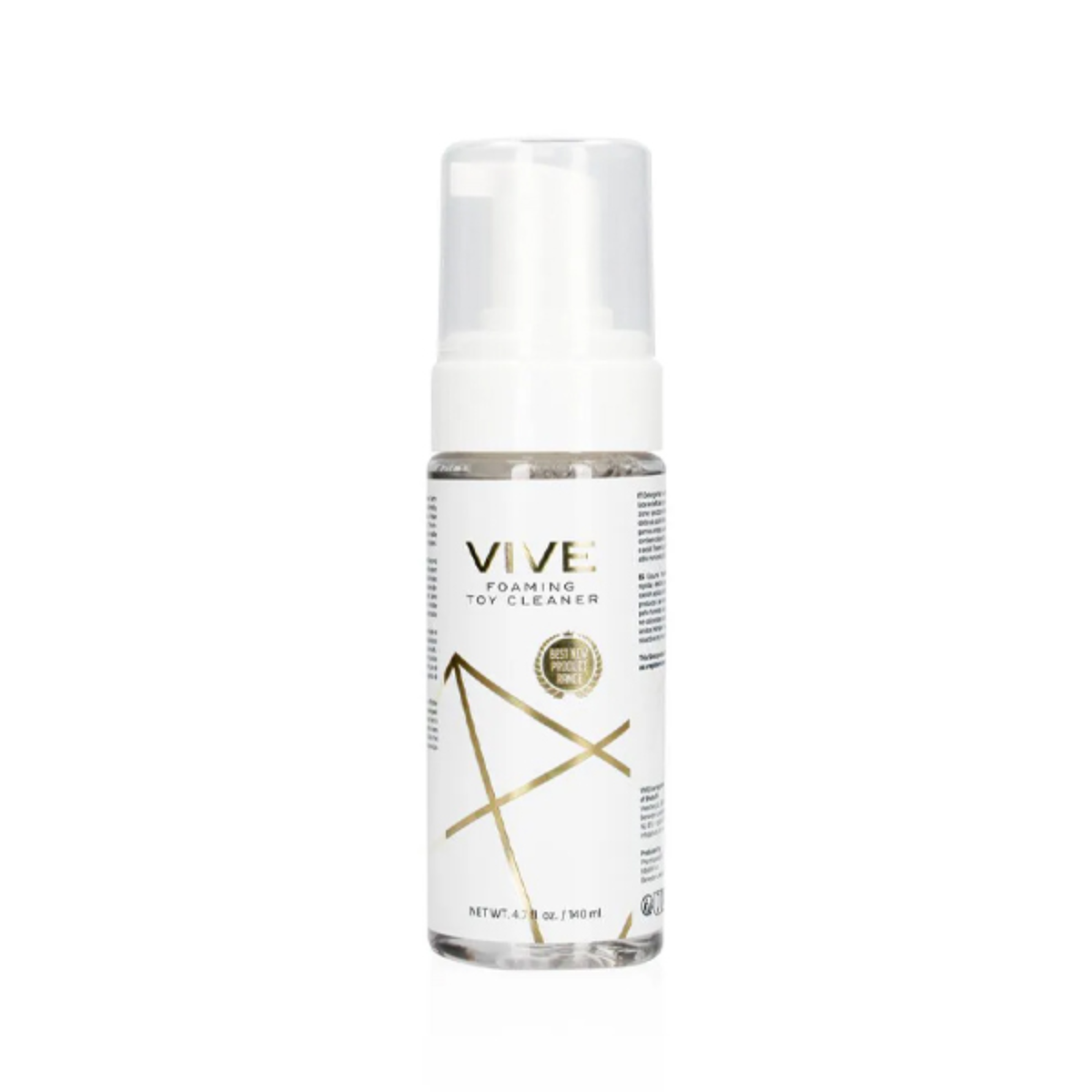 Direct studio view of the 140 ml (4.7 fl oz) clear bottle of Shots Vive Foaming Toy Cleaner featuring geometric gold geometric accent design and white foam pump top.