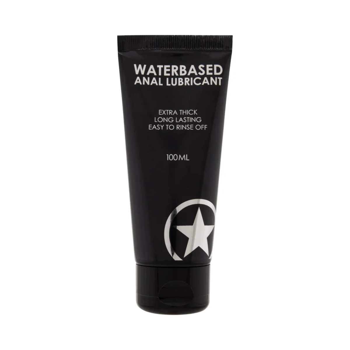 Front product view of a 100 ml (3 fl oz) matte black squeeze tube of Shots Water-Based Anal Lubricant featuring white text highlights and a silver star logo near the base. Hauptbild
