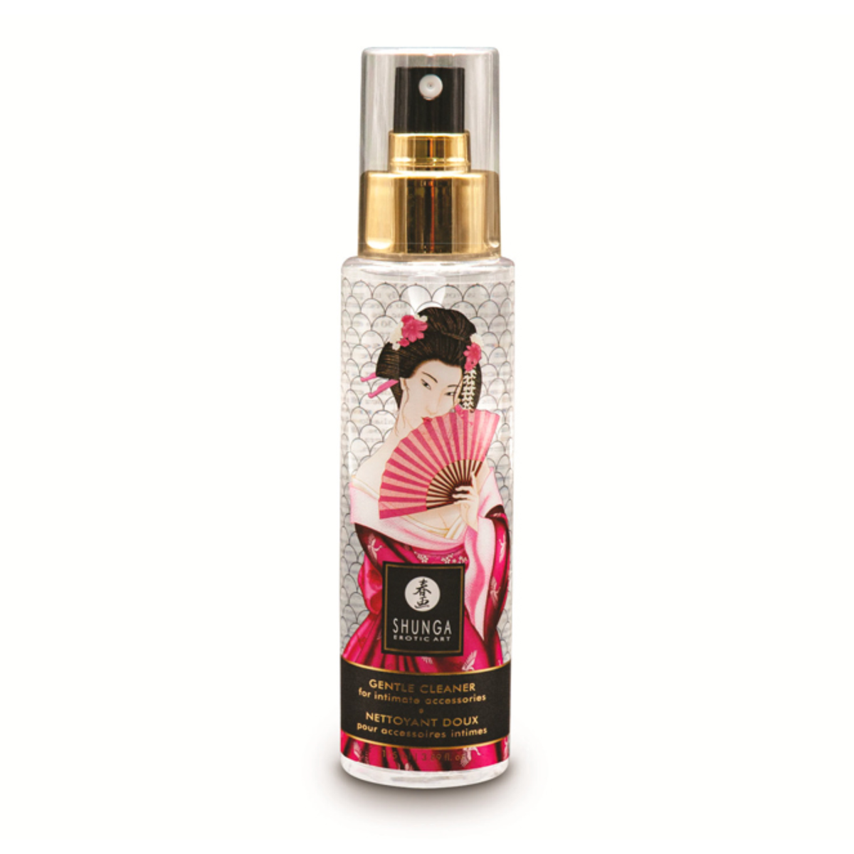 Front studio view of the 115 ml (3.89 fl oz) clear spray bottle of Shunga Gentle Toy Cleaner, decorated with traditional Japanese artwork, gold metallic spray neck, and a clear protective cap. Hauptbild