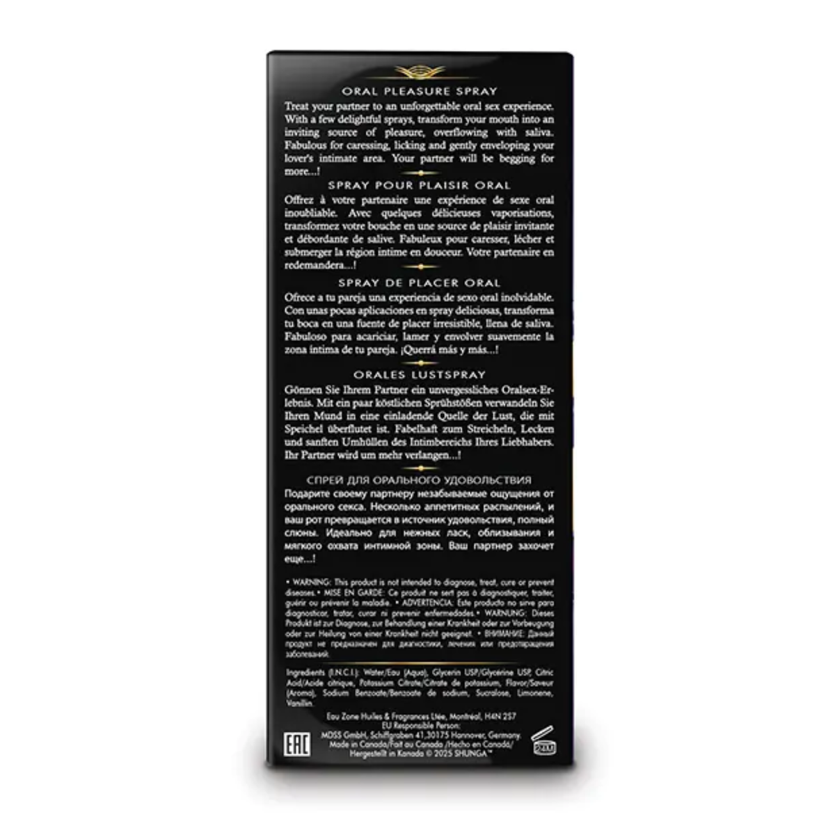 Back panel view of the packaging box displaying multi-language product information, warnings, ingredients list, barcode, and manufacturer details.