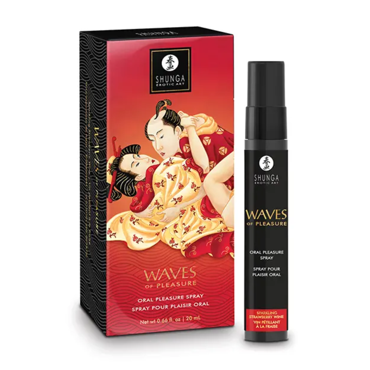 Direct studio shot of the 20 ml (0.66 fl oz) black spray bottle standing next to its red Japanese-inspired artistic packaging box. Hauptbild