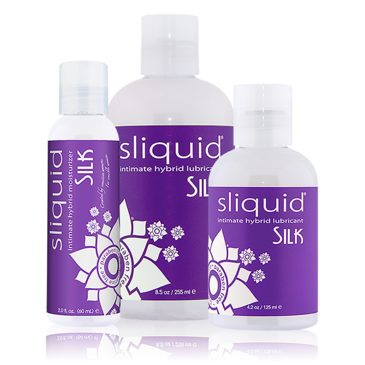 An image of three Sliquid Silk Hybrid lubricants - 60ml, 125ml, and 255ml in a white background. 
