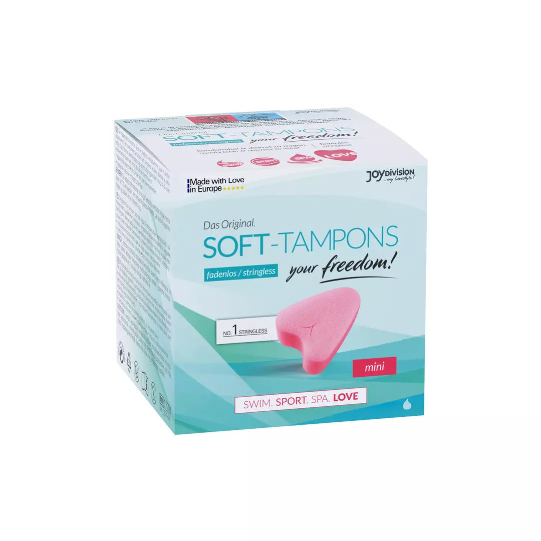 JoyDivision mini-sized stringless Soft-Tampons. The box features an image of the pink, heart-shaped tampon. Hauptbild