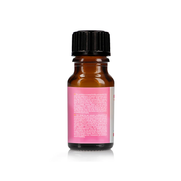 An image of the back of the small, brown dropper bottle with a black cap. The label is white and pink, reading "SPANISH FLY Hot Fly" 0.34 FL. OZ. / 10ML.