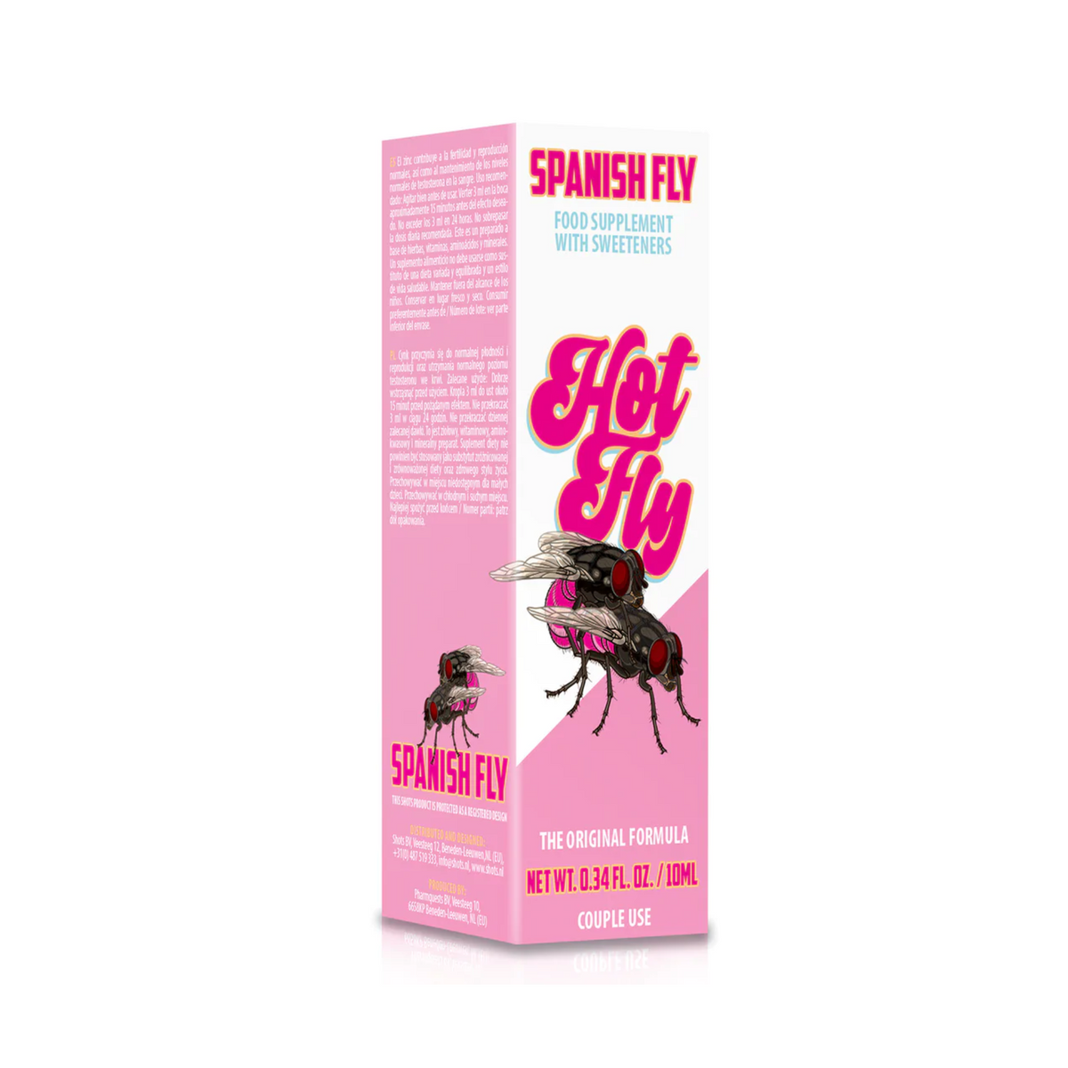 An image of the Spanish Fly Hot Fly box. The design is white and pink with an illustration of two flies. The text includes "SPANISH FLY," "Hot Fly," and "THE ORIGINAL FORMULA," along with usage instructions in multiple languages on the left side.