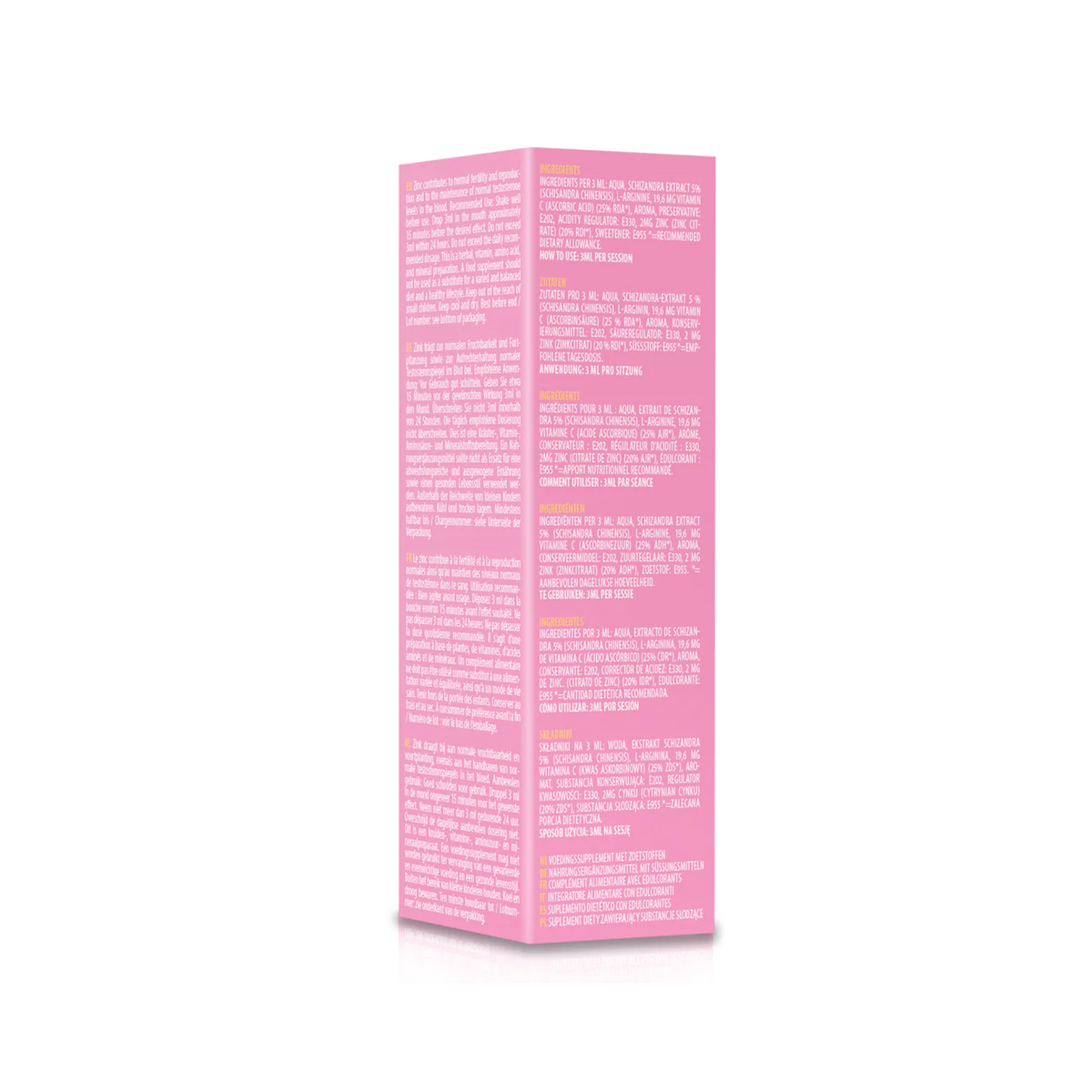 An image of the back of the Spanish Fly Hot Fly box, showing the ingredients list and directions in multiple languages.