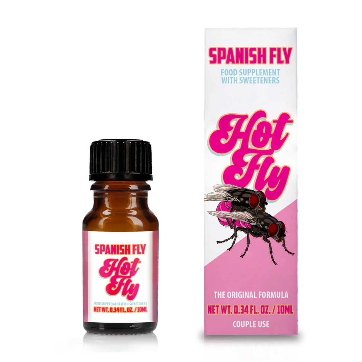 A small, brown dropper bottle of Spanish Fly Hot Fly 0.34 fl. oz./10 ml stands next to its retail box. Both the bottle label and the box feature a bright pink and white design with bold, script text.  Hauptbild