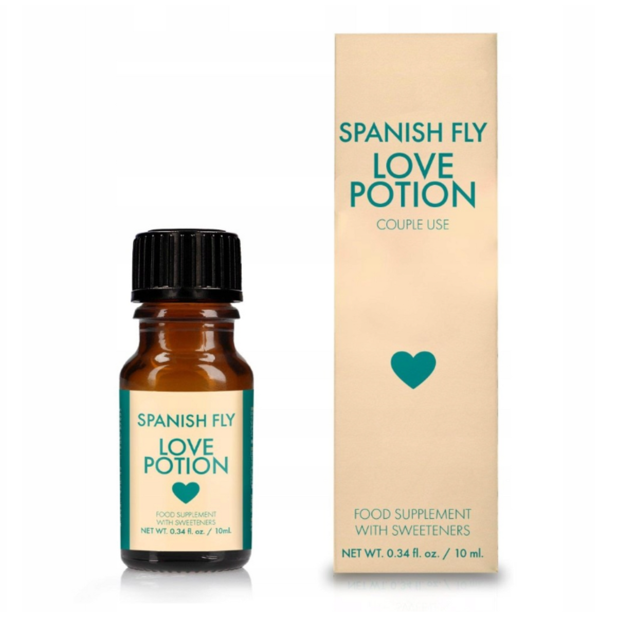 A small, brown dropper bottle of "Spanish Fly Love Potion" stands next to its retail box. The bottle label and box share a teal and beige design with a heart icon. The package indicates it is a "FOOD SUPPLEMENT WITH SWEETENERS," 0.34 fl. oz./10 mL. Hauptbild