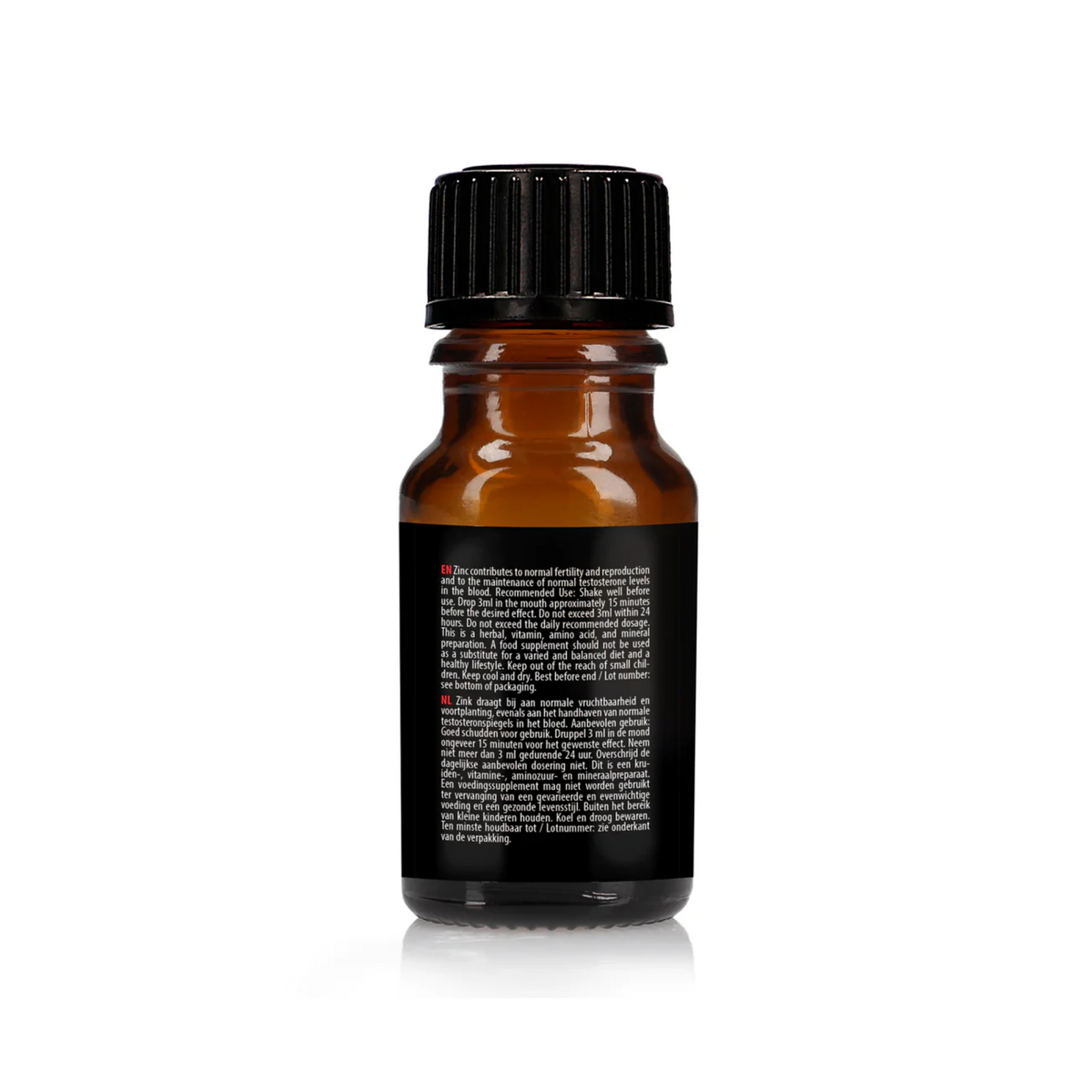 An image of the back of the small, dark brown dropper bottle with a black cap. It is named SPANISH FLY RED HOT"0.34 FL. OZ. / 10ML."