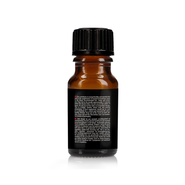 An image of the back of the small, dark brown dropper bottle with a black cap. It is named SPANISH FLY RED HOT"0.34 FL. OZ. / 10ML."