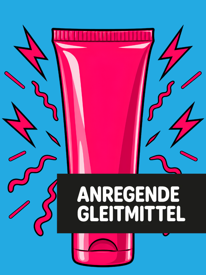 Bright pink tube of stimulating lubricant surrounded by stylized lightning and motion lines on a blue background.